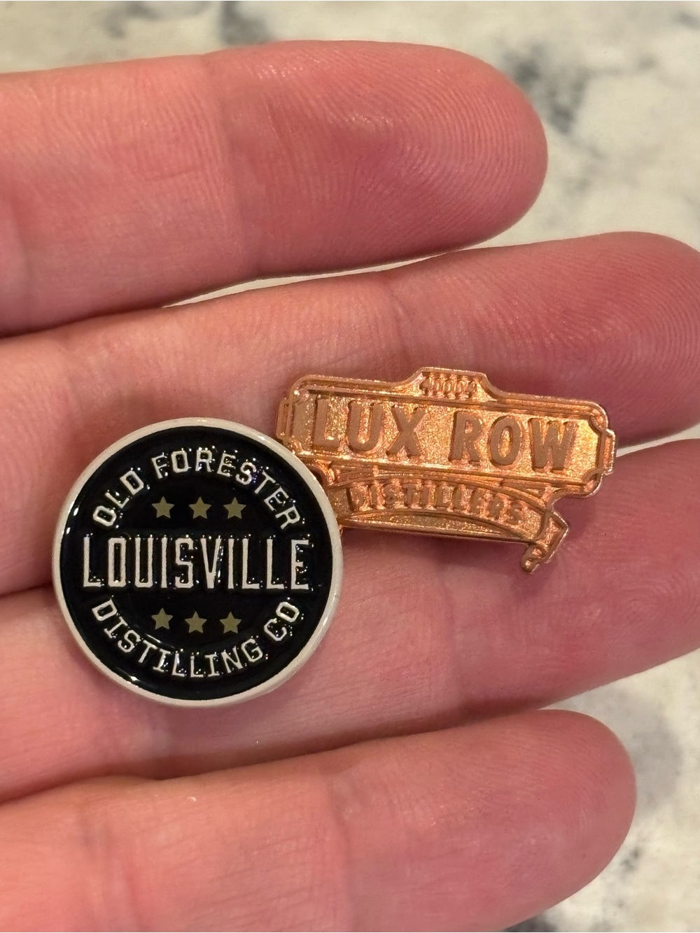 Old Forester Distilling Co & Lux Row Lapel Pins LOUISVILLE KY Souvenir Set